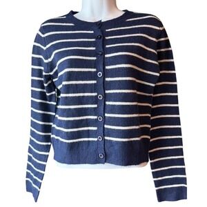 The Workshop Striped Cardigan Sweater Button Front Classic Nautical Medium NEW